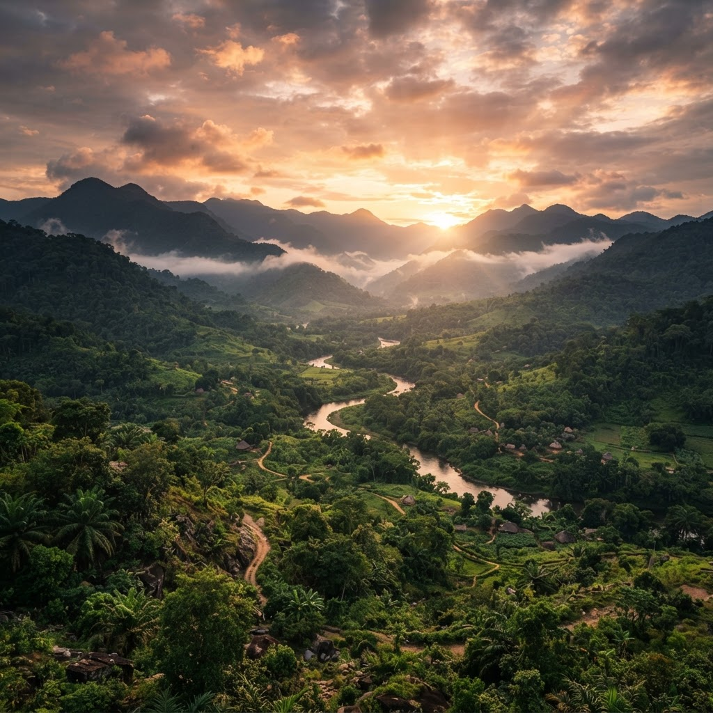 Green mountains and river valley landscape in Sierra Leone at sunset